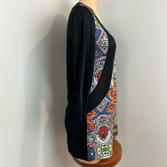 Oze Women’s Medium Psychedelic Bohemian Art to Wear Mini 3/4 Sleeve Dress Black - Picture 5 of 14